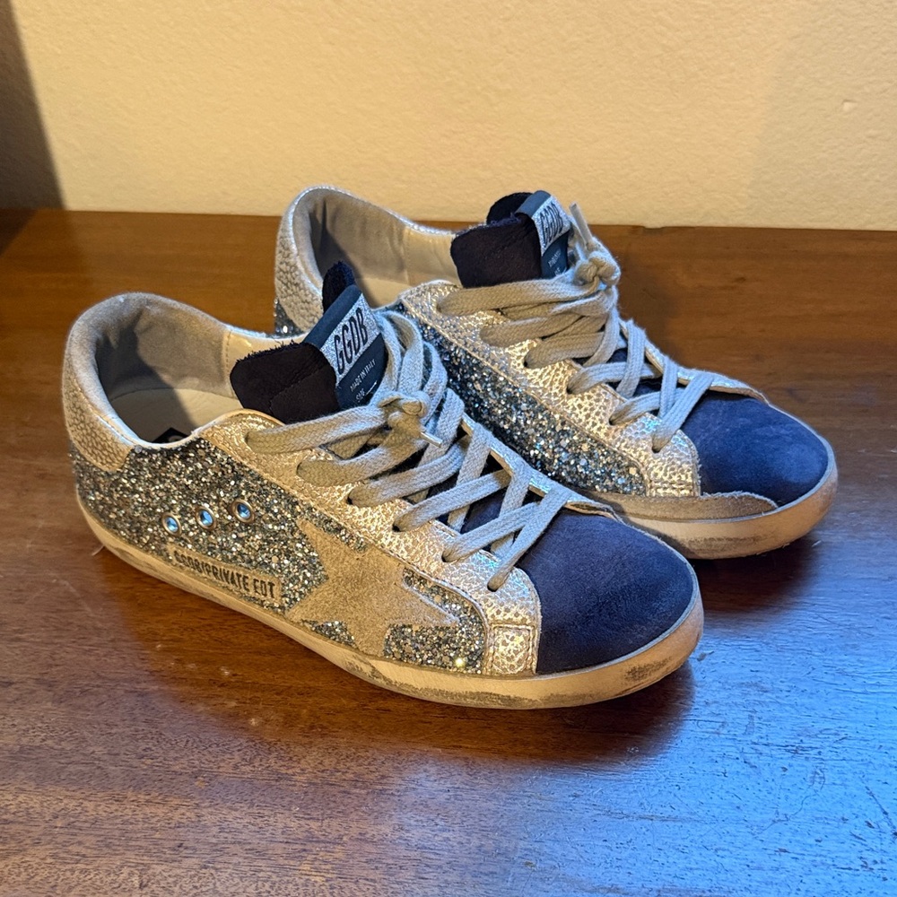 Golden Goose Glitter and Navy Sneakers